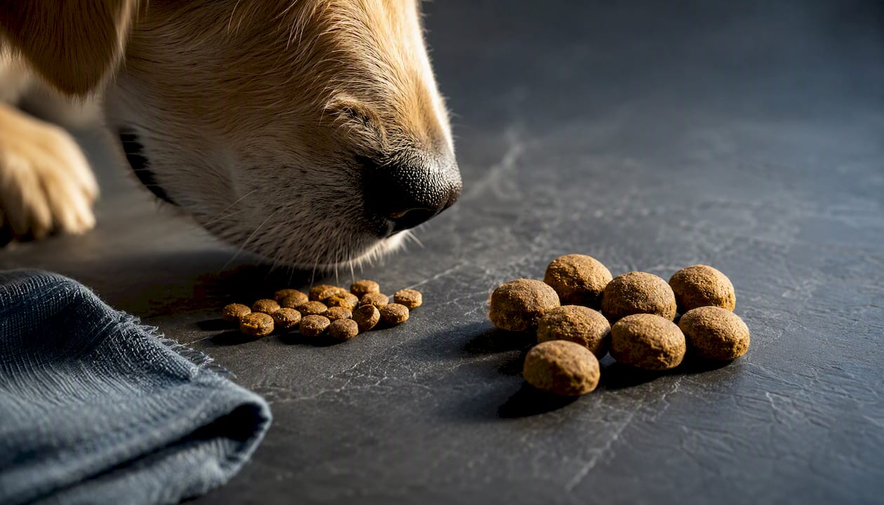 Hund undersøger tørfoderkugler i varierende størrelser