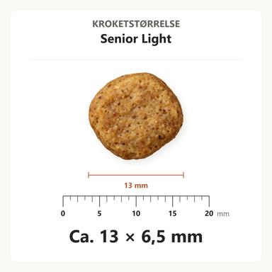 Kroketstørrelse for Dr. Clauder's Senior Light: ca. 13 × 6,5 mm vist ved en mm-lineal.