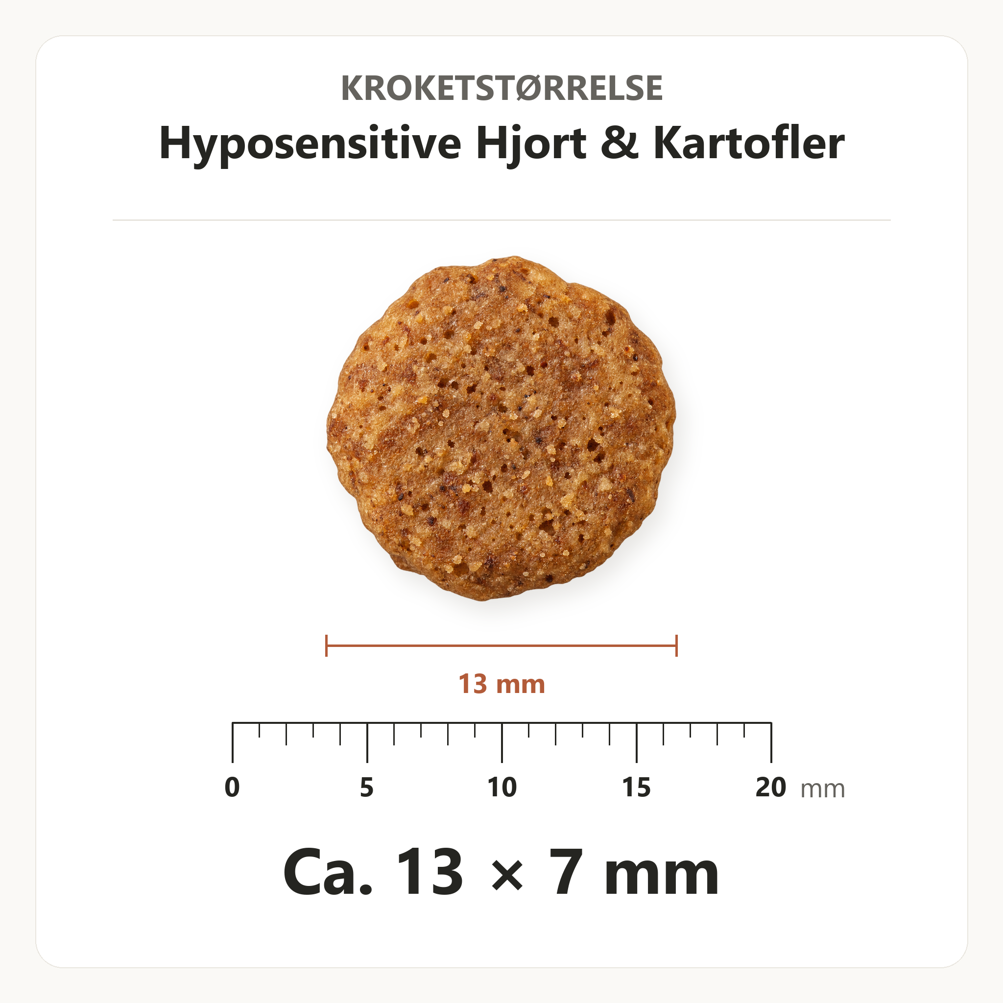 Kroketstørrelse for Dr. Clauder's Hyposensitive Hjort & Kartofler: ca. 13 × 7 mm vist ved en mm-lineal.