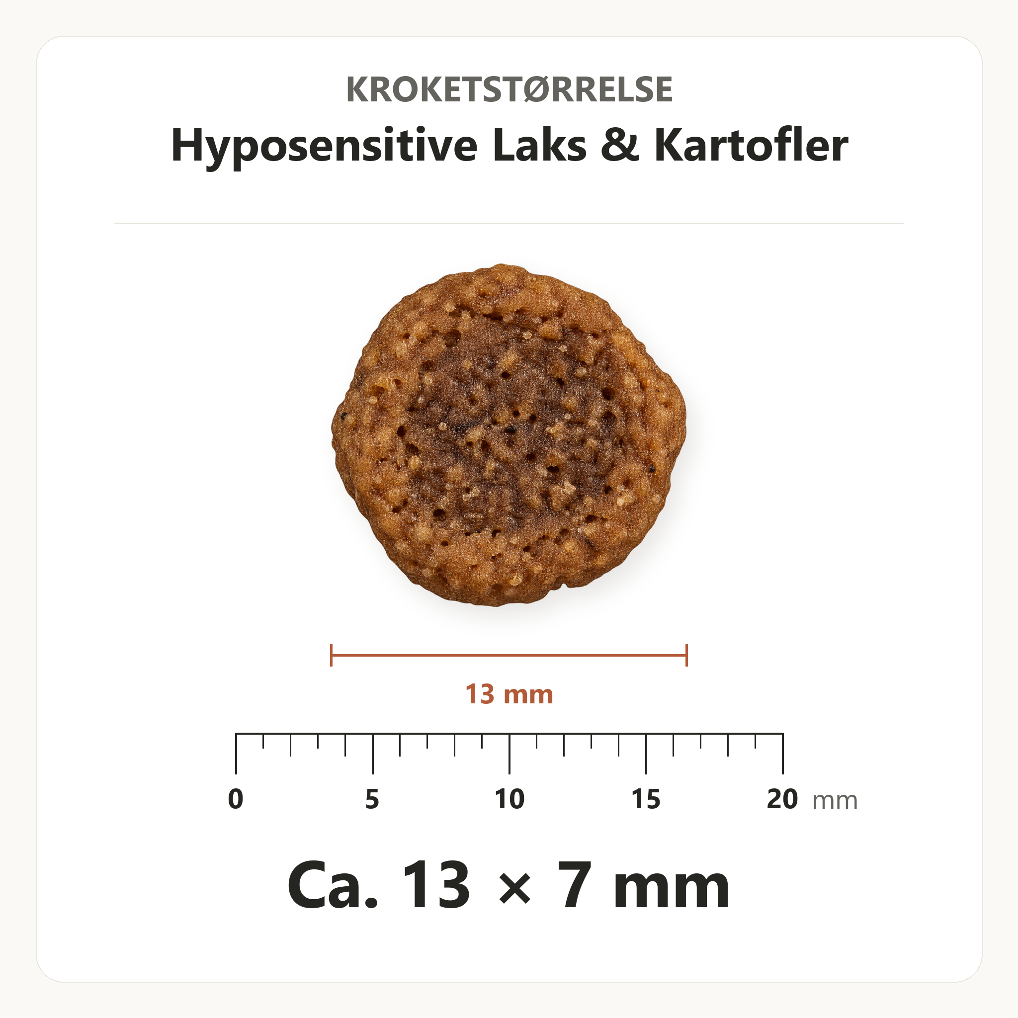 Kroketstørrelse for Dr. Clauder's Hyposensitive Laks & Kartofler: ca. 13 × 7 mm vist ved en mm-lineal.