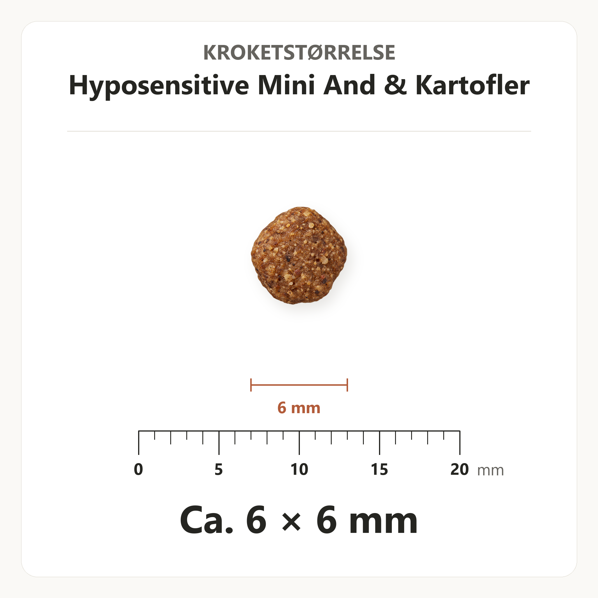 Kroketstørrelse for Dr. Clauder's Hyposensitive Mini And & Kartofler: ca. 6 × 6 mm vist ved en mm-lineal.