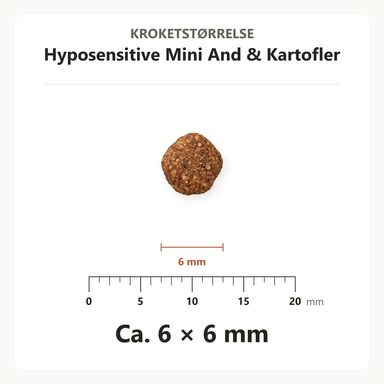 Kroketstørrelse for Dr. Clauder's Hyposensitive Mini And & Kartofler: ca. 6 × 6 mm vist ved en mm-lineal.